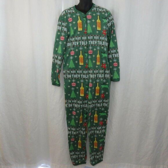 Christmas Union Suit Green Egg Nog Rum One Piece Pajamas Size Small - Picture 2 of 8